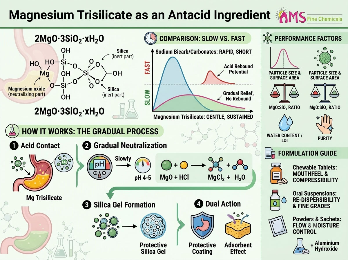 How Magnesium Trisilicate Works as an Antacid Ingredient: Chemistry, Performance, and Formulation Guide
